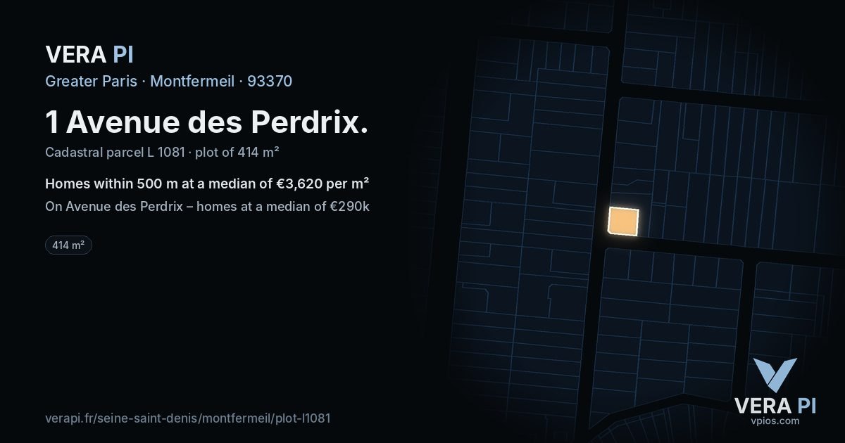 1 Avenue des Perdrix, Montfermeil at night – the plot lit, the parcels around coloured by the prices near them