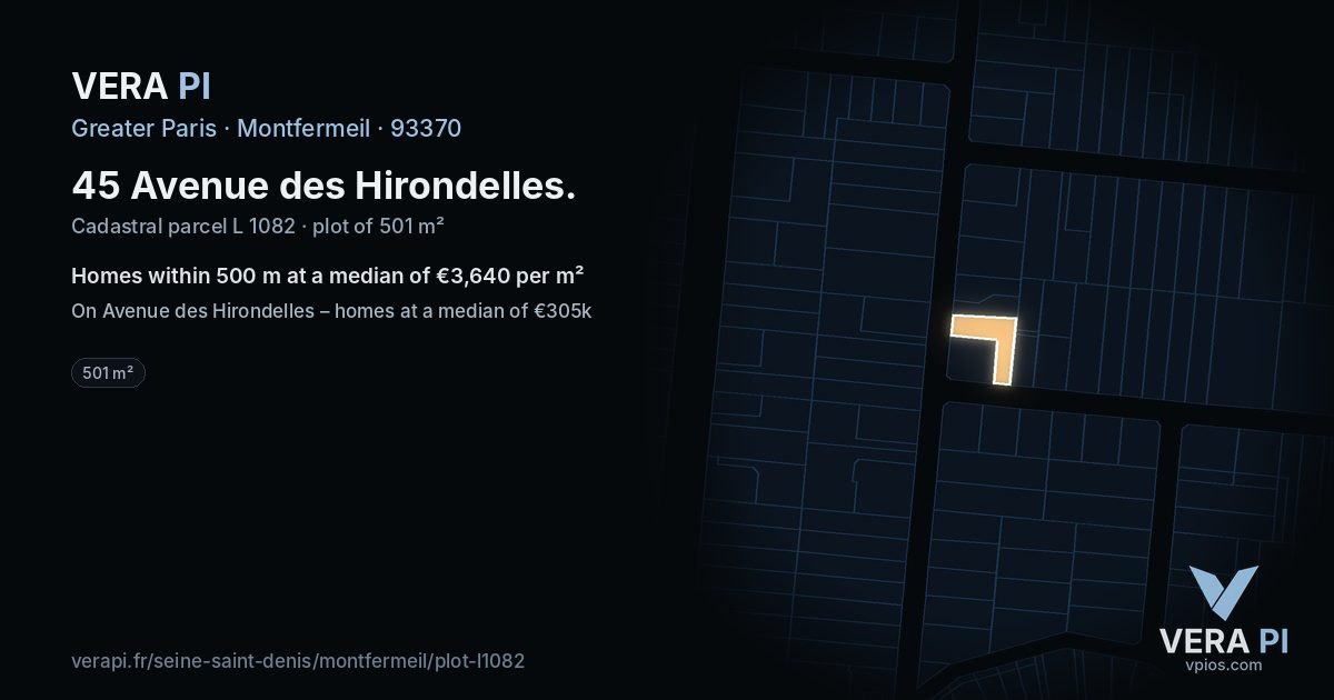 45 Avenue des Hirondelles, Montfermeil at night – the plot lit, the parcels around coloured by the prices near them