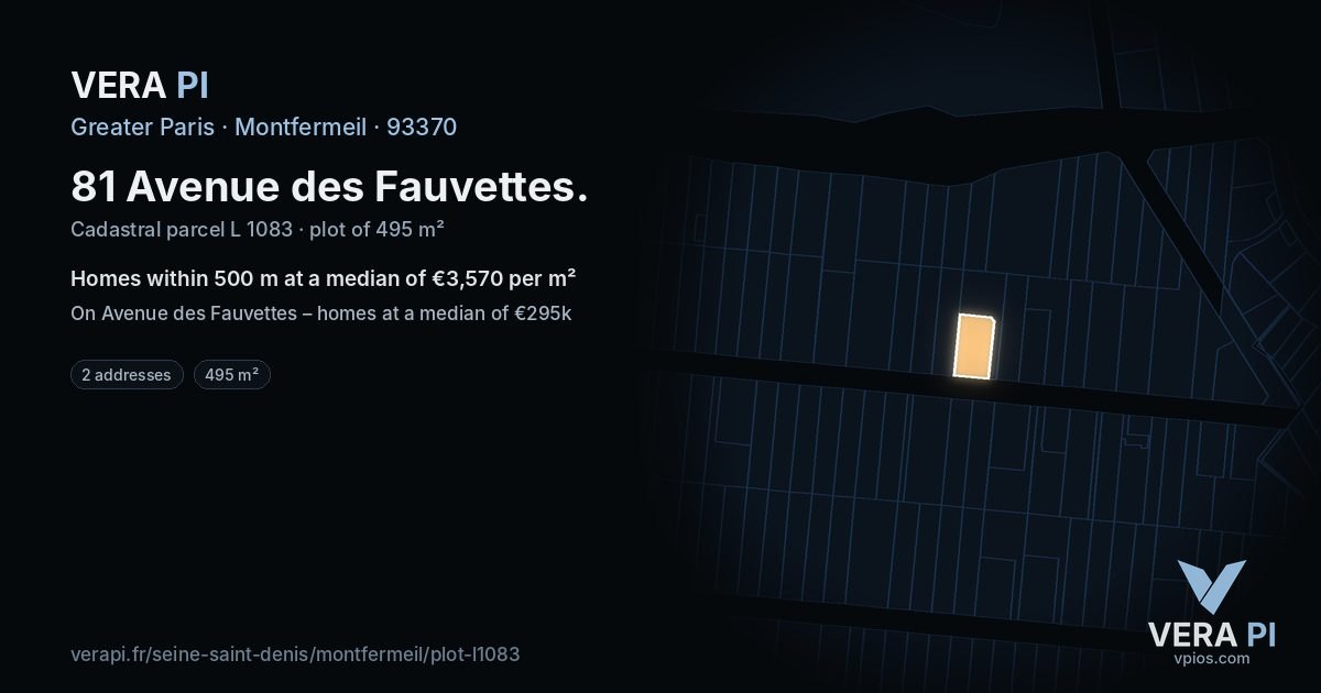 81 Avenue des Fauvettes, Montfermeil at night – the plot lit, the parcels around coloured by the prices near them