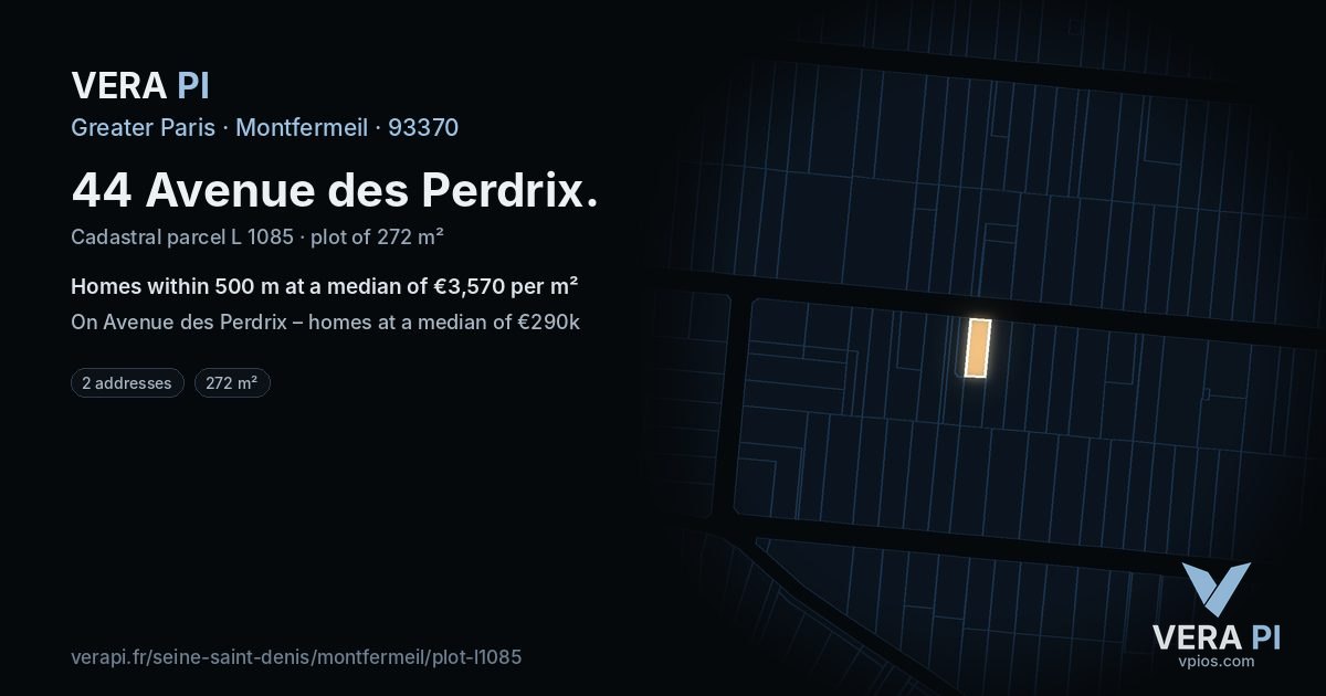 44 Avenue des Perdrix, Montfermeil at night – the plot lit, the parcels around coloured by the prices near them