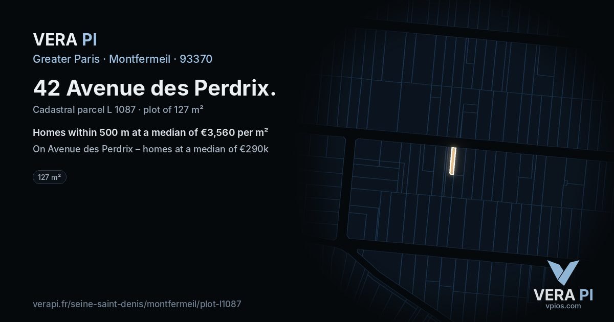 42 Avenue des Perdrix, Montfermeil at night – the plot lit, the parcels around coloured by the prices near them
