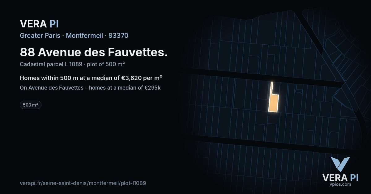 88 Avenue des Fauvettes, Montfermeil at night – the plot lit, the parcels around coloured by the prices near them