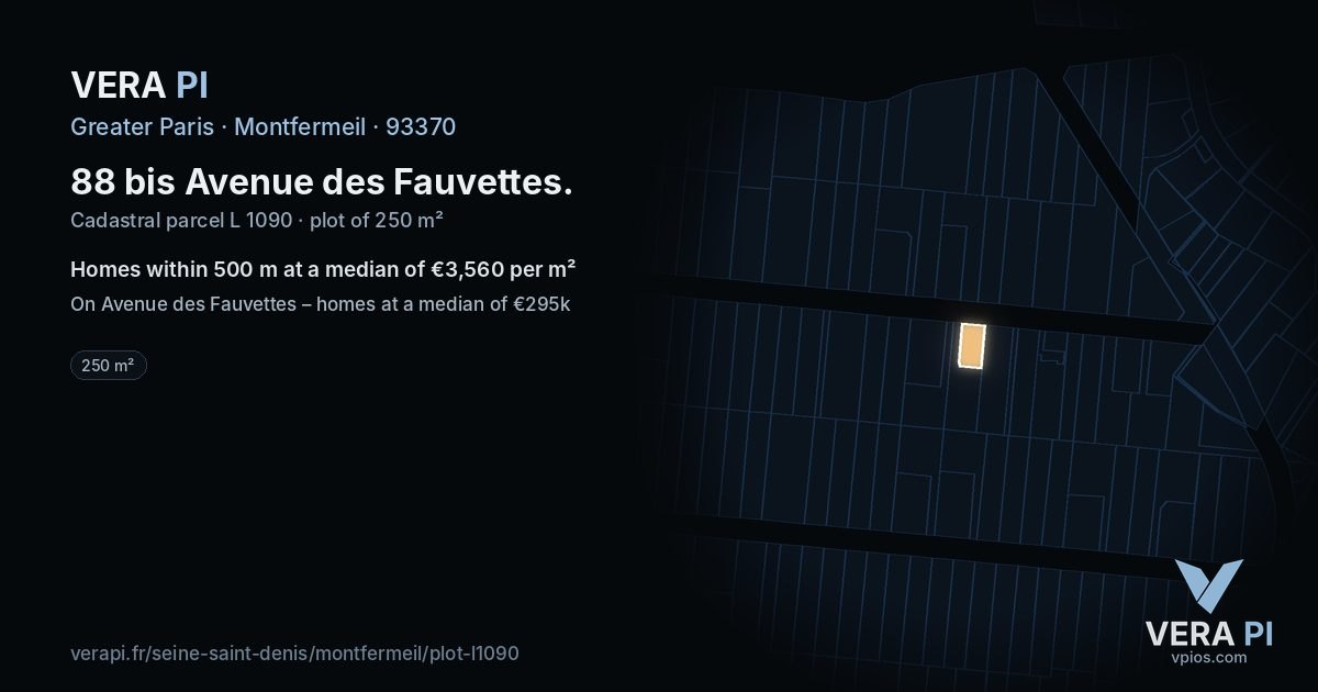 88 bis Avenue des Fauvettes, Montfermeil at night – the plot lit, the parcels around coloured by the prices near them