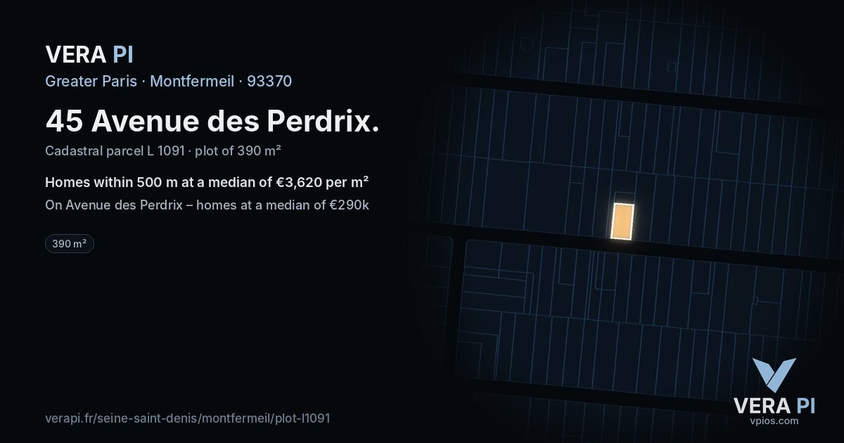 45 Avenue des Perdrix, Montfermeil at night – the plot lit, the parcels around coloured by the prices near them