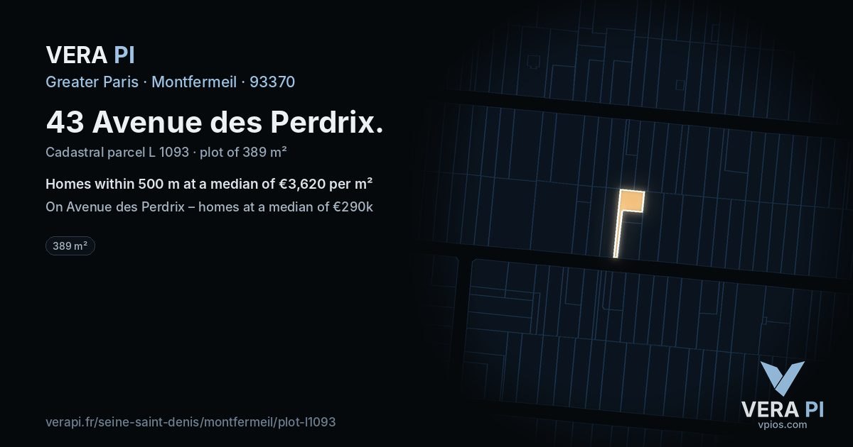 43 Avenue des Perdrix, Montfermeil at night – the plot lit, the parcels around coloured by the prices near them