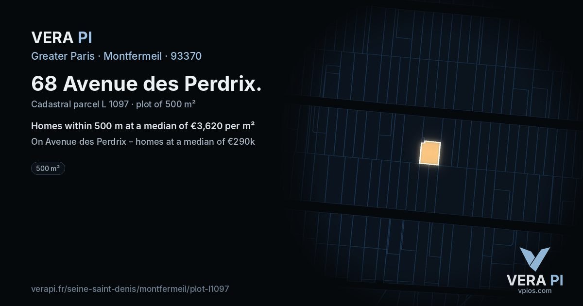 68 Avenue des Perdrix, Montfermeil at night – the plot lit, the parcels around coloured by the prices near them