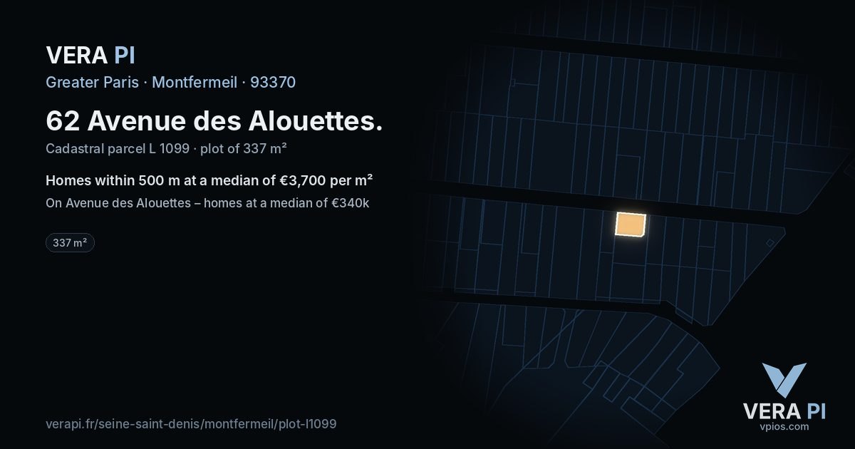 62 Avenue des Alouettes, Montfermeil at night – the plot lit, the parcels around coloured by the prices near them