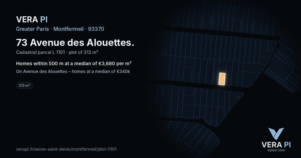 73 Avenue des Alouettes, Montfermeil at night – the plot lit, the parcels around coloured by the prices near them