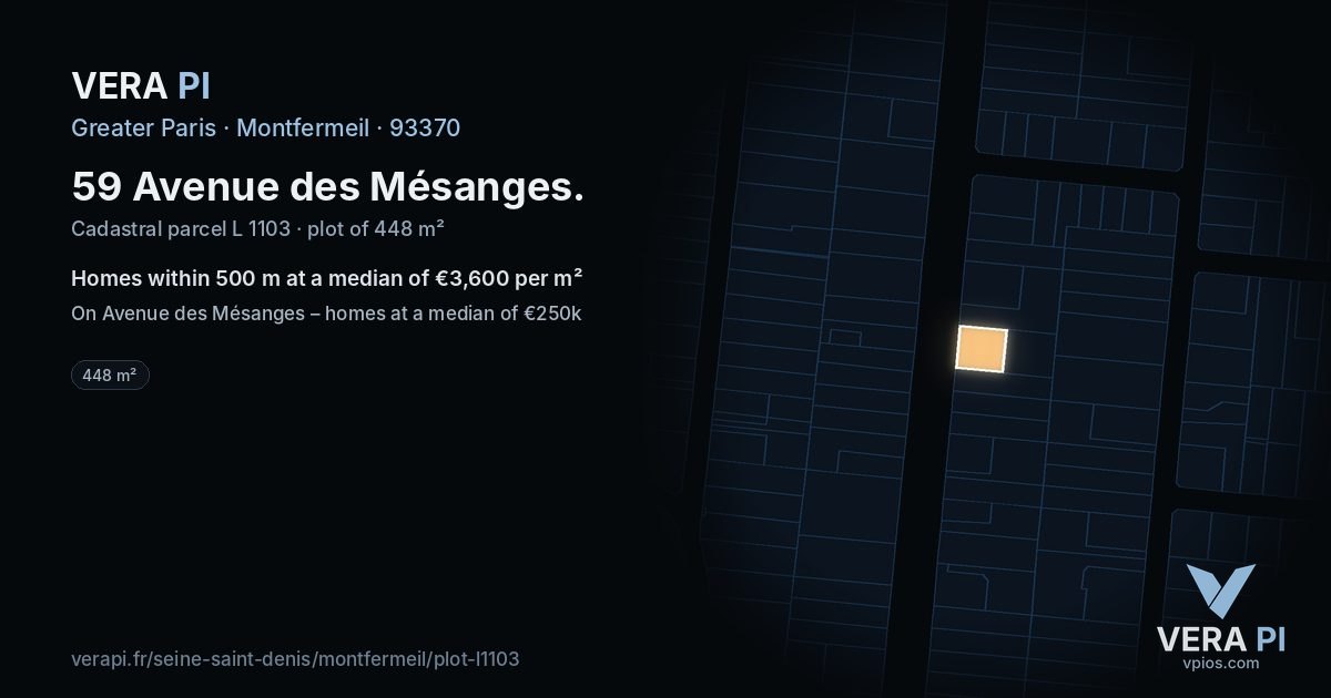 59 Avenue des Mésanges, Montfermeil at night – the plot lit, the parcels around coloured by the prices near them