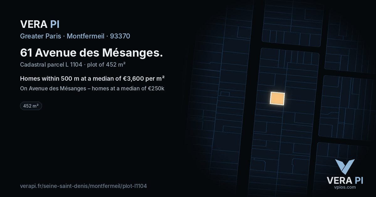 61 Avenue des Mésanges, Montfermeil at night – the plot lit, the parcels around coloured by the prices near them