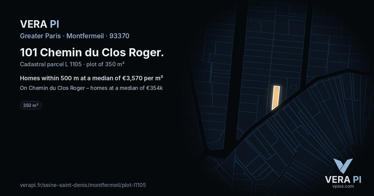 101 Chemin du Clos Roger, Montfermeil at night – the plot lit, the parcels around coloured by the prices near them
