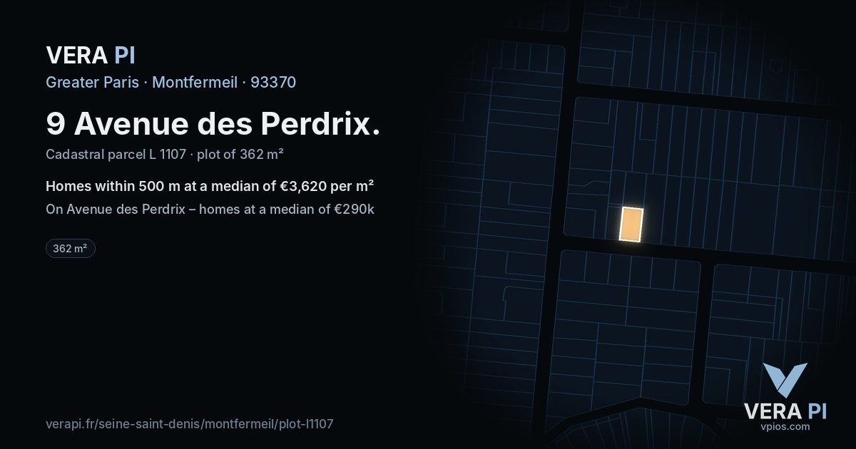 9 Avenue des Perdrix, Montfermeil at night – the plot lit, the parcels around coloured by the prices near them