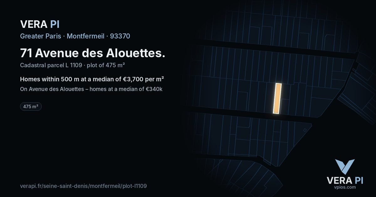 71 Avenue des Alouettes, Montfermeil at night – the plot lit, the parcels around coloured by the prices near them