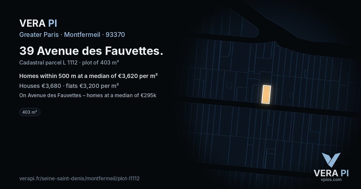 39 Avenue des Fauvettes, Montfermeil at night – the plot lit, the parcels around coloured by the prices near them