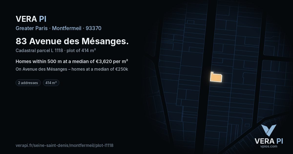 83 Avenue des Mésanges, Montfermeil at night – the plot lit, the parcels around coloured by the prices near them