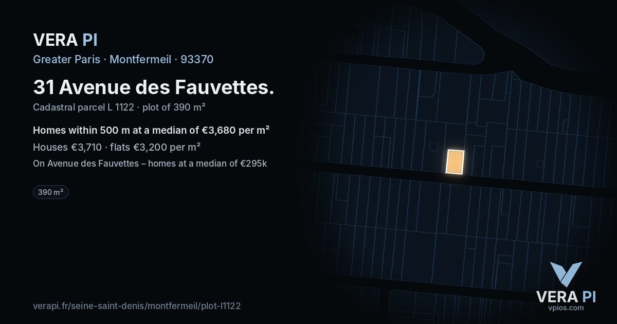 31 Avenue des Fauvettes, Montfermeil at night – the plot lit, the parcels around coloured by the prices near them