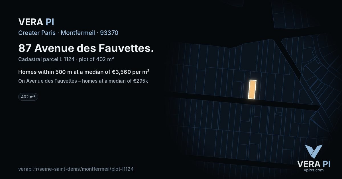 87 Avenue des Fauvettes, Montfermeil at night – the plot lit, the parcels around coloured by the prices near them