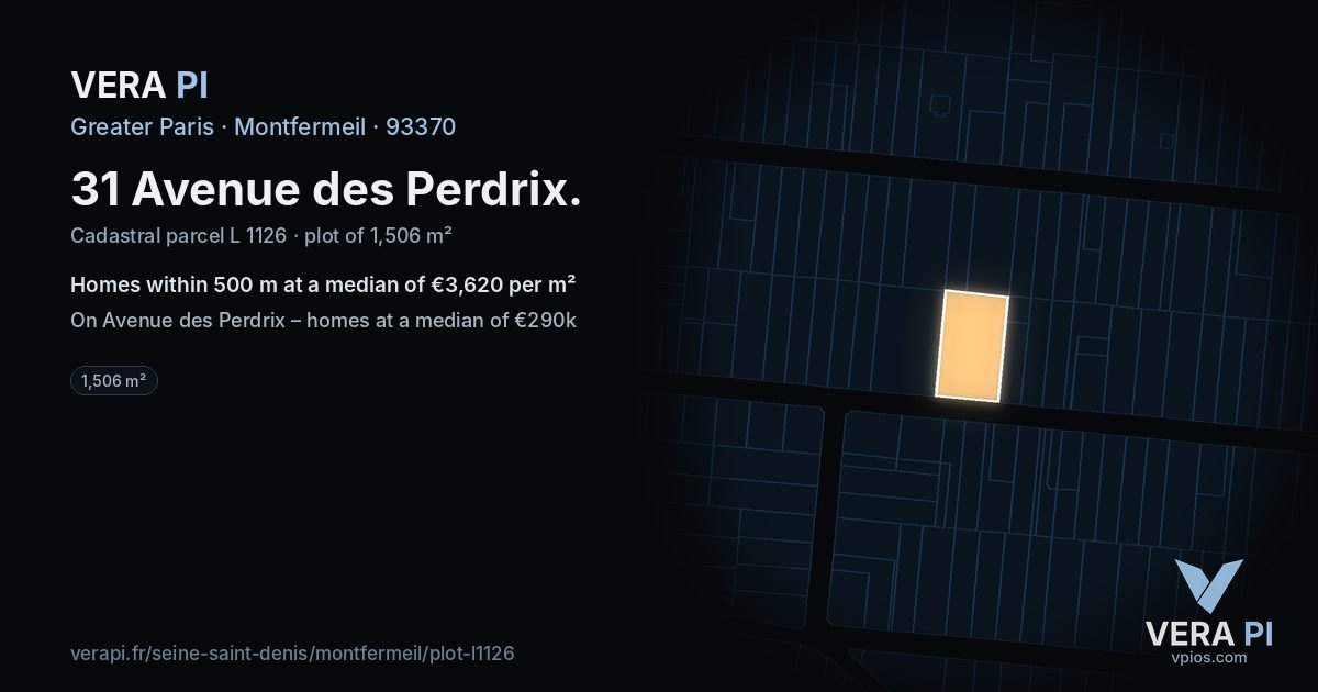 31 Avenue des Perdrix, Montfermeil at night – the plot lit, the parcels around coloured by the prices near them