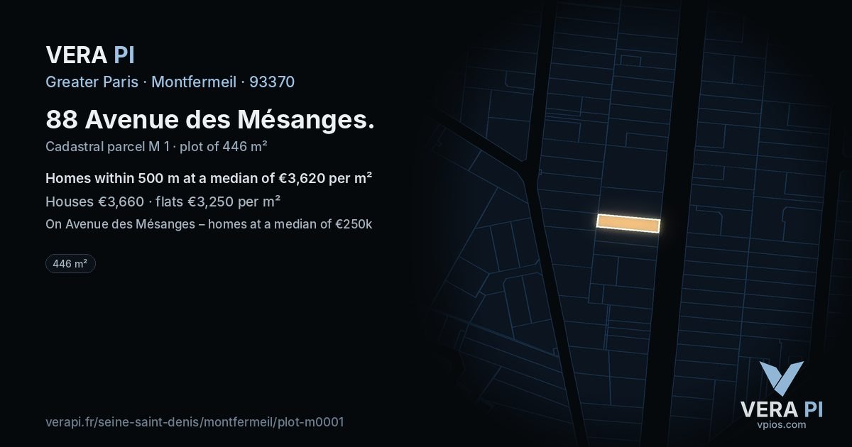 88 Avenue des Mésanges, Montfermeil at night – the plot lit, the parcels around coloured by the prices near them