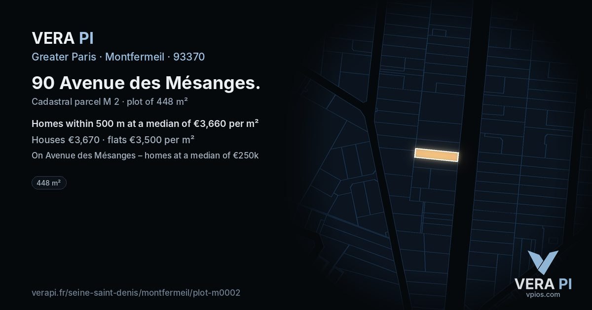 90 Avenue des Mésanges, Montfermeil at night – the plot lit, the parcels around coloured by the prices near them