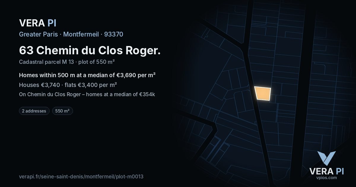 63 Chemin du Clos Roger, Montfermeil at night – the plot lit, the parcels around coloured by the prices near them