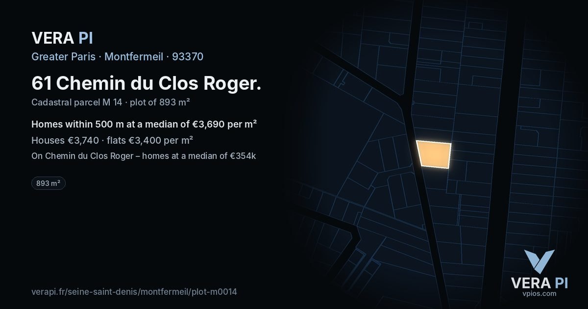 61 Chemin du Clos Roger, Montfermeil at night – the plot lit, the parcels around coloured by the prices near them