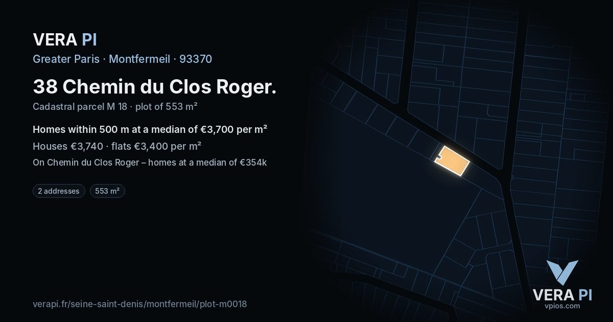 38 Chemin du Clos Roger, Montfermeil at night – the plot lit, the parcels around coloured by the prices near them