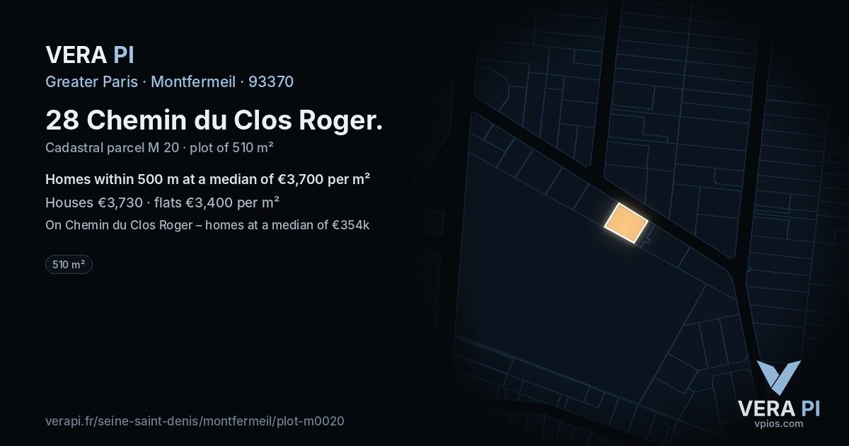 28 Chemin du Clos Roger, Montfermeil at night – the plot lit, the parcels around coloured by the prices near them