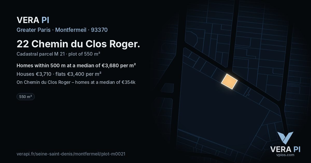 22 Chemin du Clos Roger, Montfermeil at night – the plot lit, the parcels around coloured by the prices near them