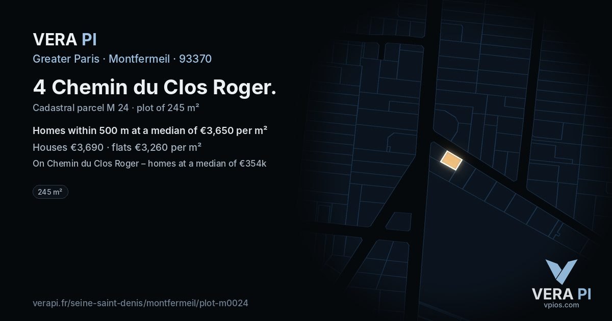 4 Chemin du Clos Roger, Montfermeil at night – the plot lit, the parcels around coloured by the prices near them