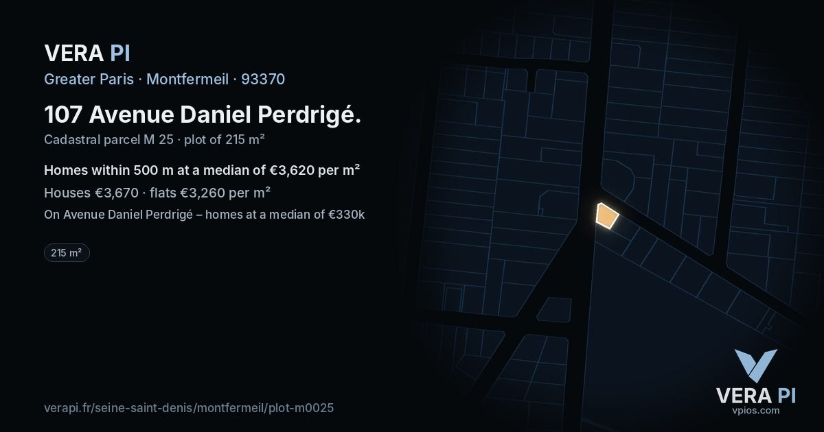 107 Avenue Daniel Perdrigé, Montfermeil at night – the plot lit, the parcels around coloured by the prices near them