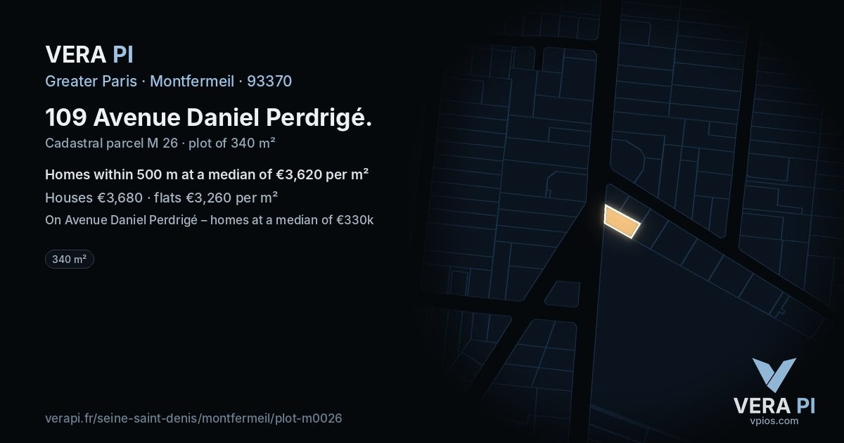 109 Avenue Daniel Perdrigé, Montfermeil at night – the plot lit, the parcels around coloured by the prices near them
