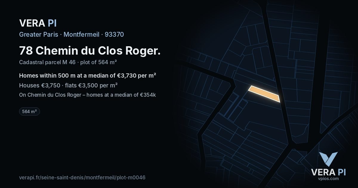 78 Chemin du Clos Roger, Montfermeil at night – the plot lit, the parcels around coloured by the prices near them