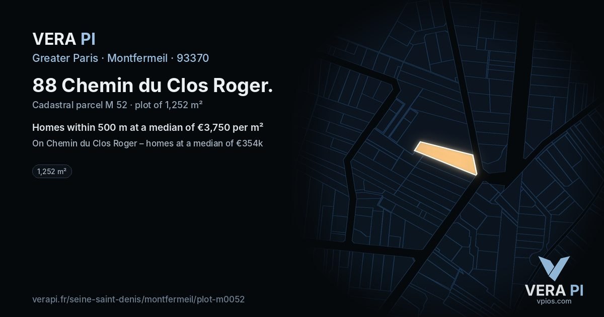 88 Chemin du Clos Roger, Montfermeil at night – the plot lit, the parcels around coloured by the prices near them