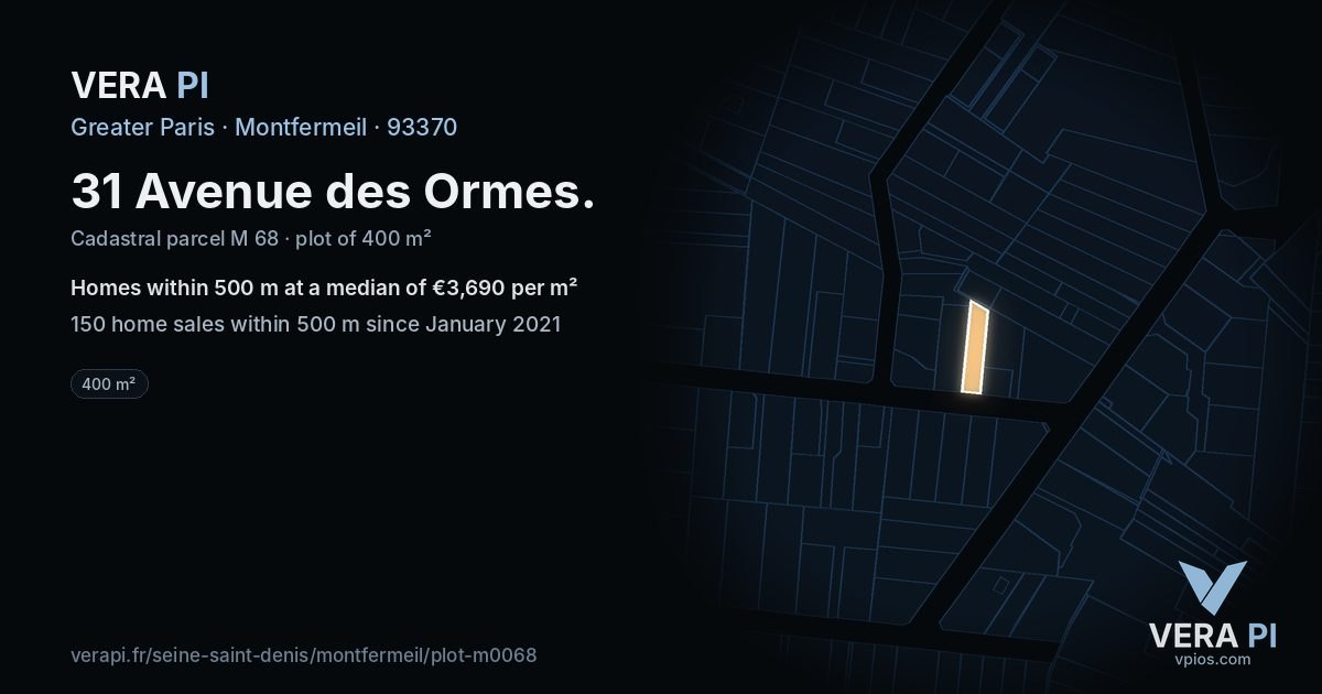 31 Avenue des Ormes, Montfermeil at night – the plot lit, the parcels around coloured by the prices near them