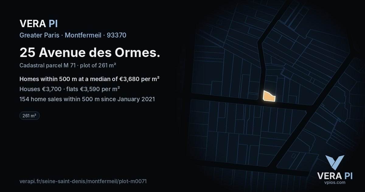 25 Avenue des Ormes, Montfermeil at night – the plot lit, the parcels around coloured by the prices near them