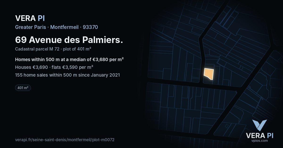 69 Avenue des Palmiers, Montfermeil at night – the plot lit, the parcels around coloured by the prices near them