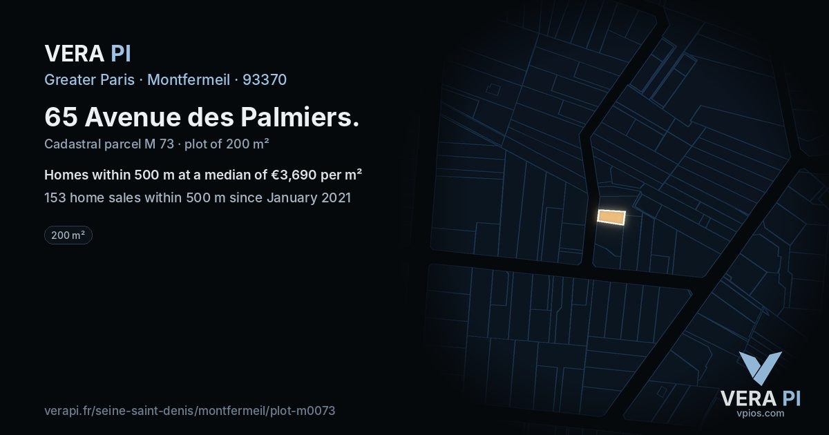 65 Avenue des Palmiers, Montfermeil at night – the plot lit, the parcels around coloured by the prices near them