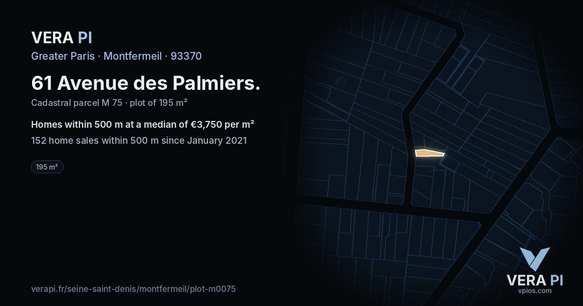 61 Avenue des Palmiers, Montfermeil at night – the plot lit, the parcels around coloured by the prices near them