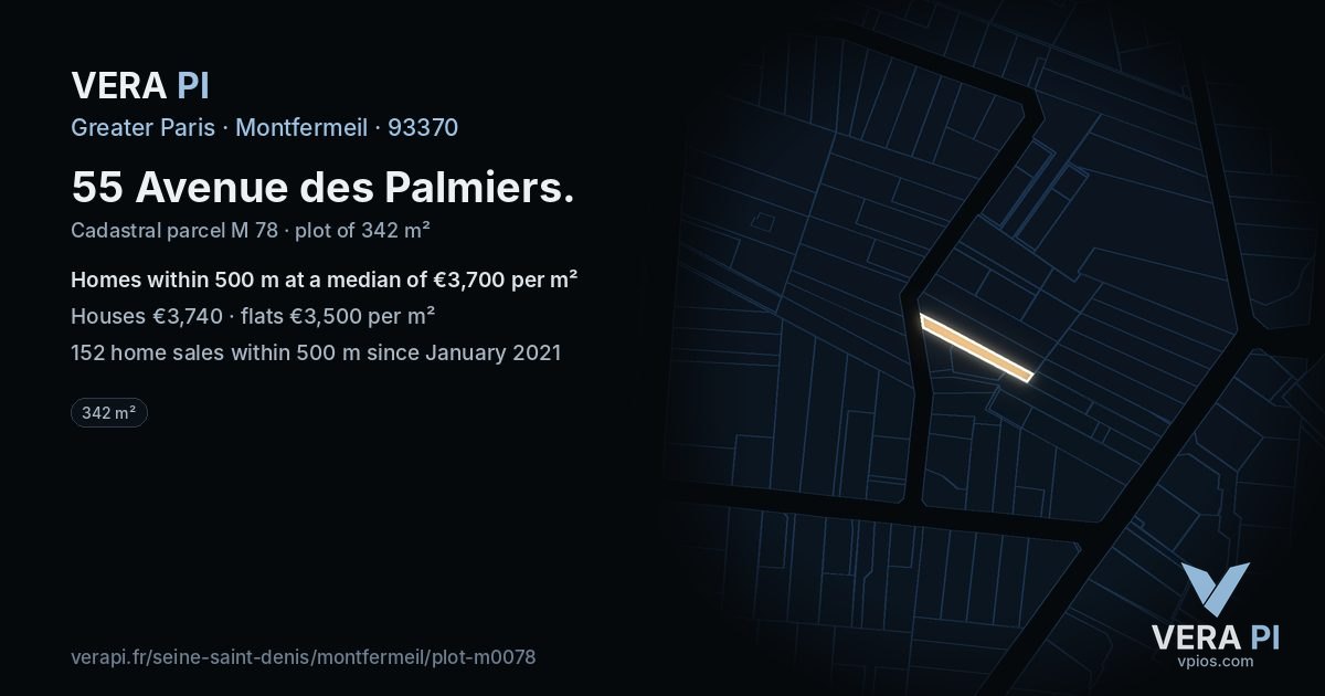 55 Avenue des Palmiers, Montfermeil at night – the plot lit, the parcels around coloured by the prices near them