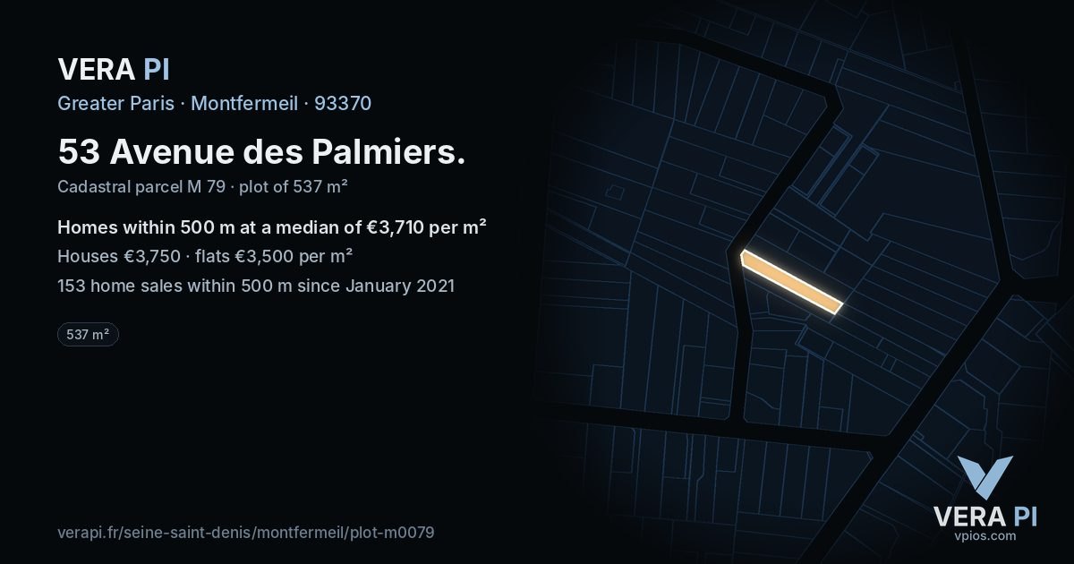 53 Avenue des Palmiers, Montfermeil at night – the plot lit, the parcels around coloured by the prices near them