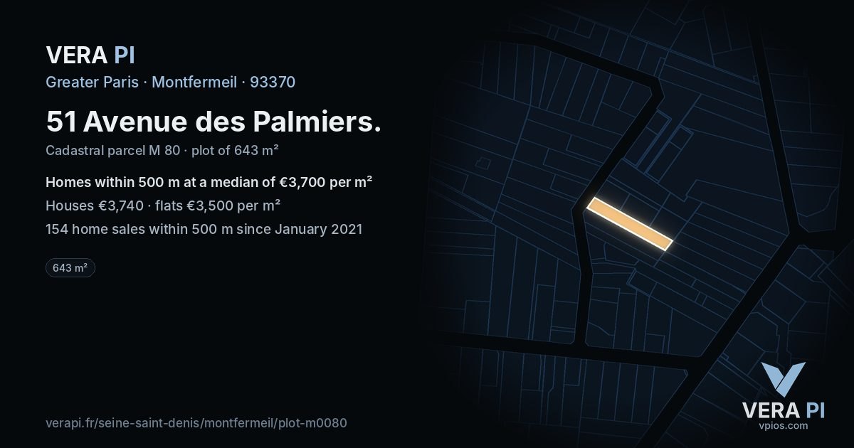 51 Avenue des Palmiers, Montfermeil at night – the plot lit, the parcels around coloured by the prices near them