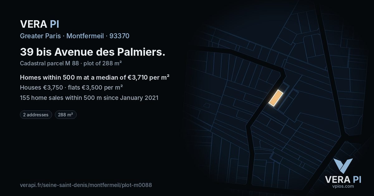 39 bis Avenue des Palmiers, Montfermeil at night – the plot lit, the parcels around coloured by the prices near them