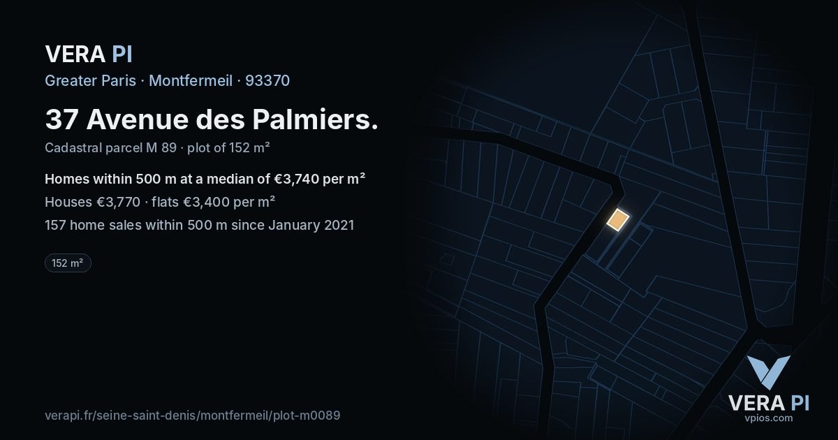 37 Avenue des Palmiers, Montfermeil at night – the plot lit, the parcels around coloured by the prices near them