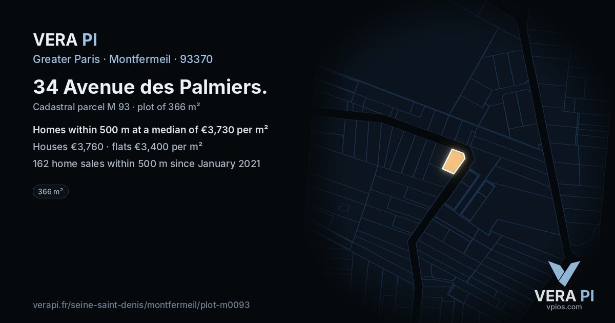 34 Avenue des Palmiers, Montfermeil at night – the plot lit, the parcels around coloured by the prices near them