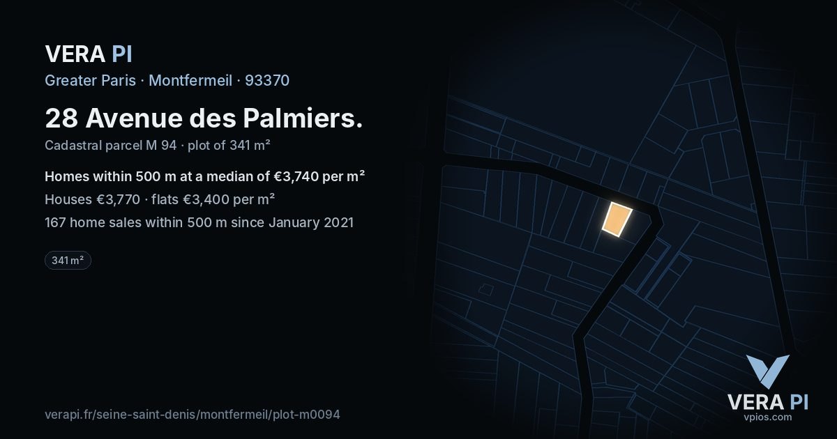 28 Avenue des Palmiers, Montfermeil at night – the plot lit, the parcels around coloured by the prices near them