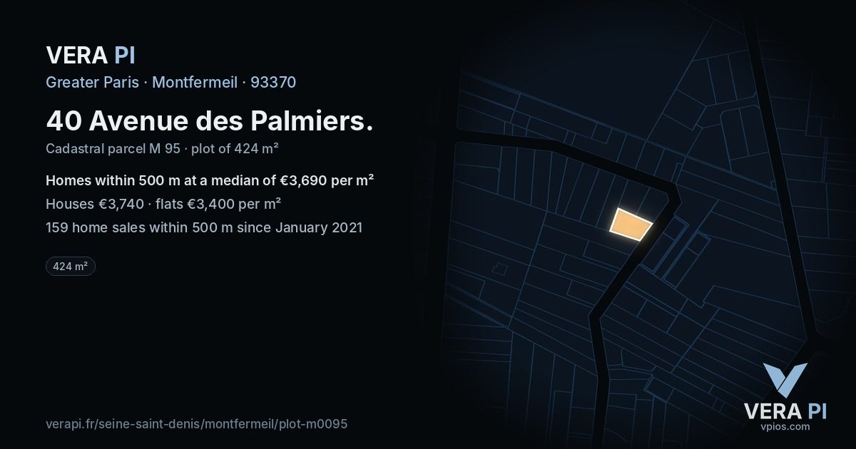 40 Avenue des Palmiers, Montfermeil at night – the plot lit, the parcels around coloured by the prices near them