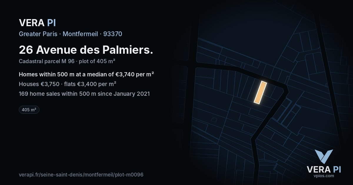26 Avenue des Palmiers, Montfermeil at night – the plot lit, the parcels around coloured by the prices near them