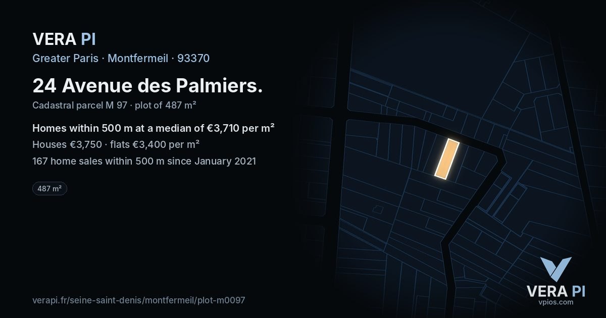 24 Avenue des Palmiers, Montfermeil at night – the plot lit, the parcels around coloured by the prices near them