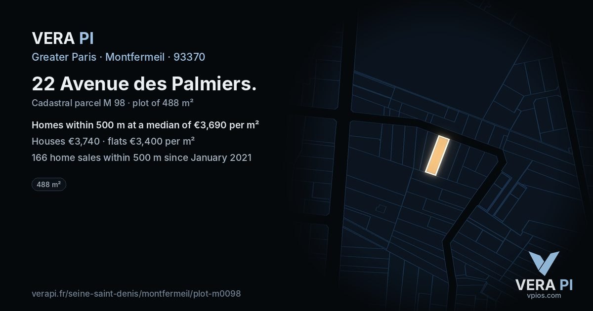 22 Avenue des Palmiers, Montfermeil at night – the plot lit, the parcels around coloured by the prices near them